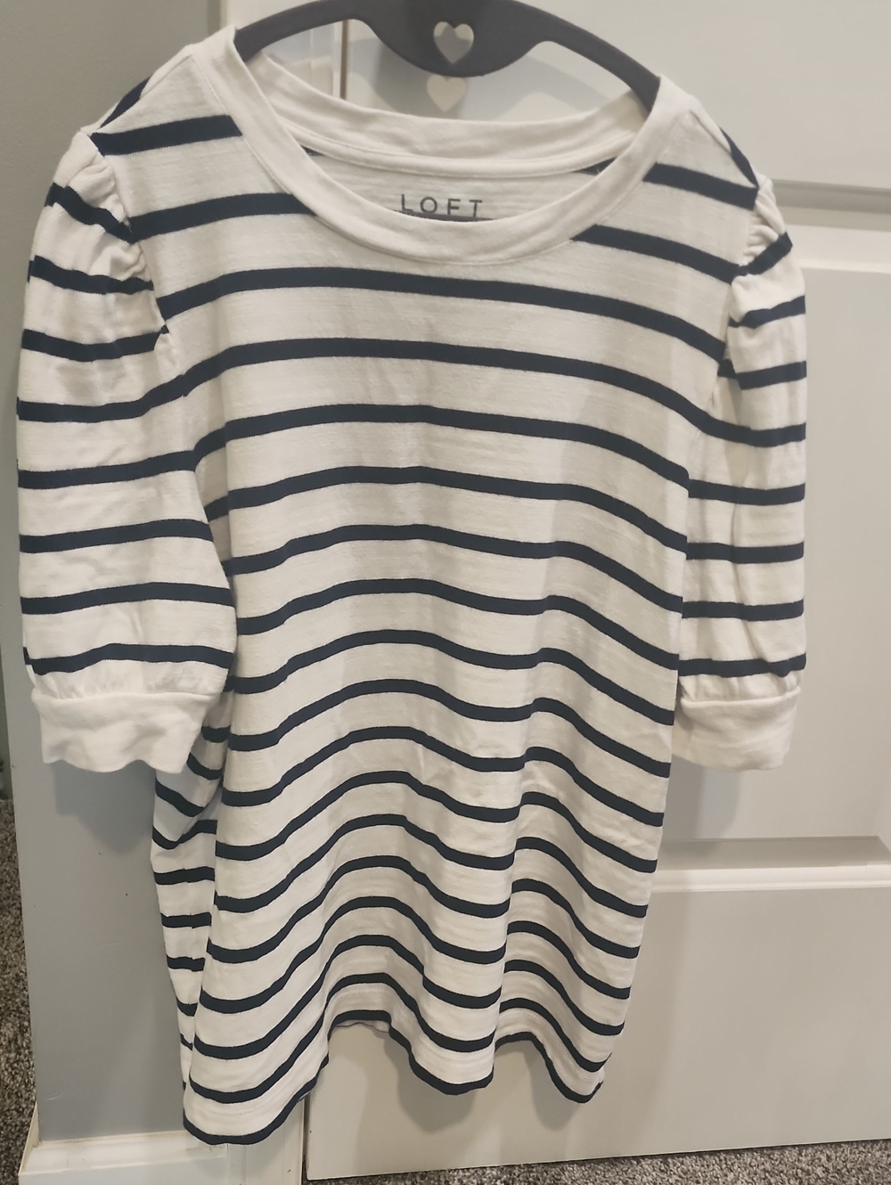 LOFT White and Navy Striped Puff-Sleeve Tee
